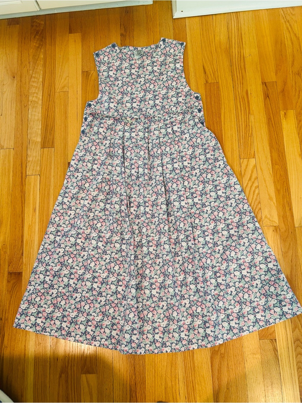 Laura Ashley Blue Floral Sleeveless Dress with Pink Accents